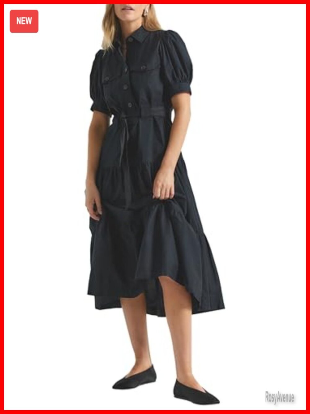 Utility Dress with Spread Collar Puff Sleeves & Tiered Skirt Business Casual
